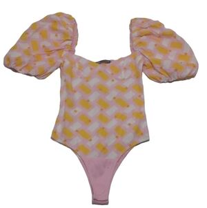 Zara Women's Floral Geometric Poplin Bodysuit with Puff Sleeves Sz Small